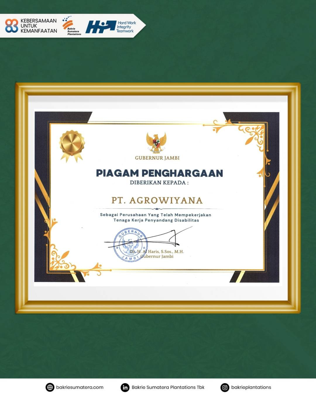 PT Agrowiyana dan PT Agro Mitra Madani Meraih Penghargaan dari Gubernur Jambi